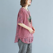 Elegant natural linen t shirt Loose fitting Summer Embroidery Short Sleeve Slit Pink Blouse