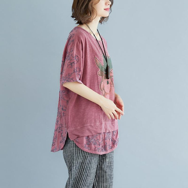 Elegant natural linen t shirt Loose fitting Summer Embroidery Short Sleeve Slit Pink Blouse