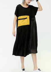 Elegant o neck patchwork pockets cotton Women Outfits yellow Dress summer - SooLinen