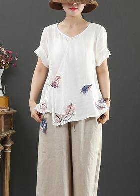 Elegant o neck short sleeve linen blouses for women Tutorials white print blouses - SooLinen