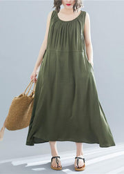 Elegant o neck sleeveless cotton Tunics Wardrobes army green Dress summer - SooLinen
