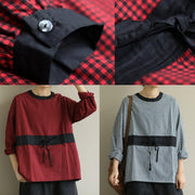 Elegant o neck tie waist fall Blouse Wardrobes black plaid shirt - SooLinen