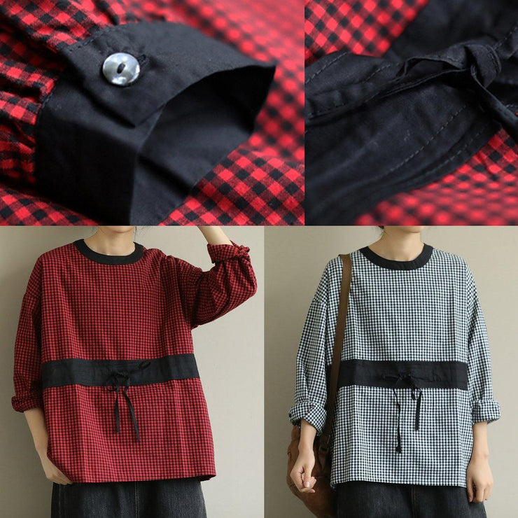 Elegant o neck tie waist fall Blouse Wardrobes black plaid shirt - SooLinen