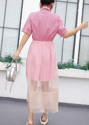 Elegant patchwork tulle cotton quilting clothes Tunic Tops pink plaid Maxi Dresses summer - SooLinen