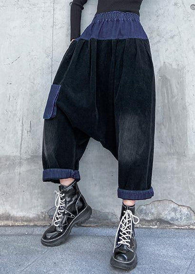 Elegant patchwork wild trousers plus size clothing black Fabrics pockets pants - SooLinen