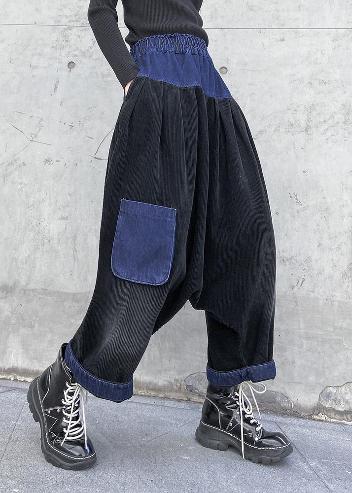 Elegant patchwork wild trousers plus size clothing black Fabrics pockets pants - SooLinen