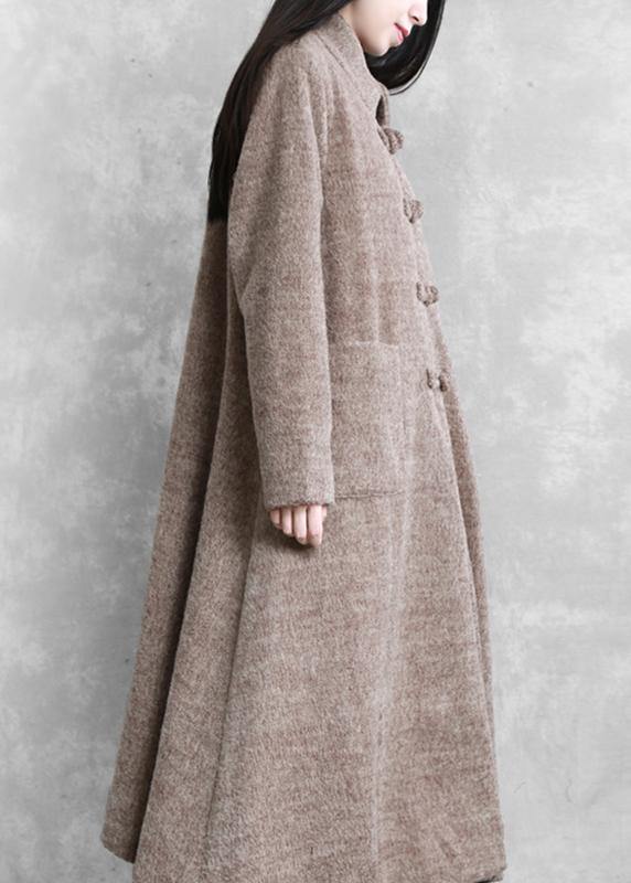Elegant plus size long jackets women coats khaki stand collar large hem woolen coats - SooLinen