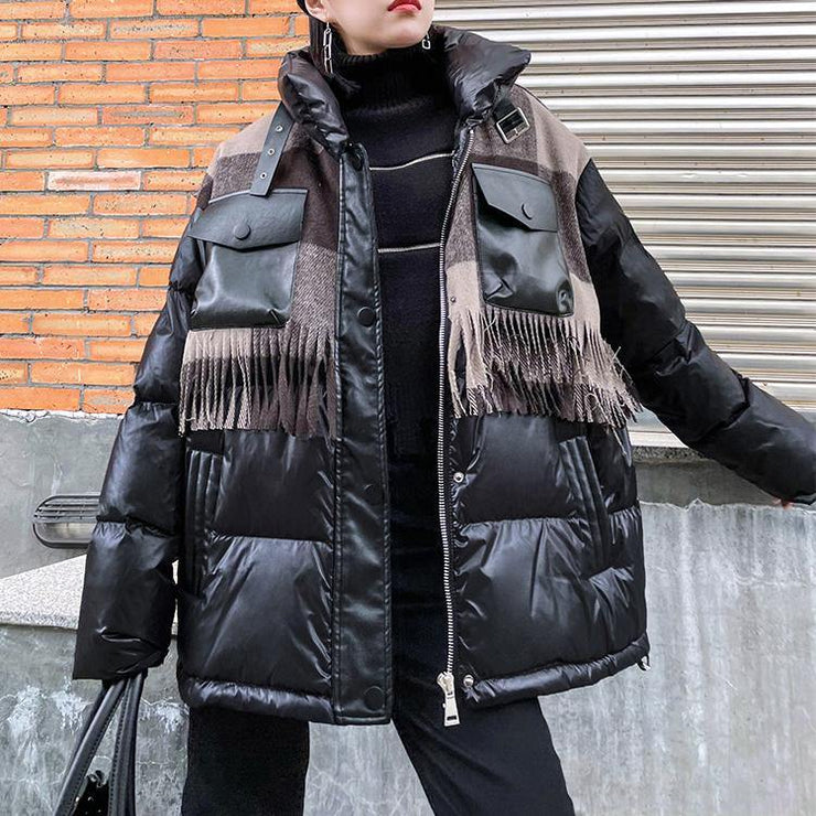 Elegant plus size snow jackets winter coats black patchwork plaid lapel coat - SooLinen