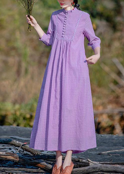 Elegant purple plaid dress stand collar pockets A Line spring Dress - SooLinen