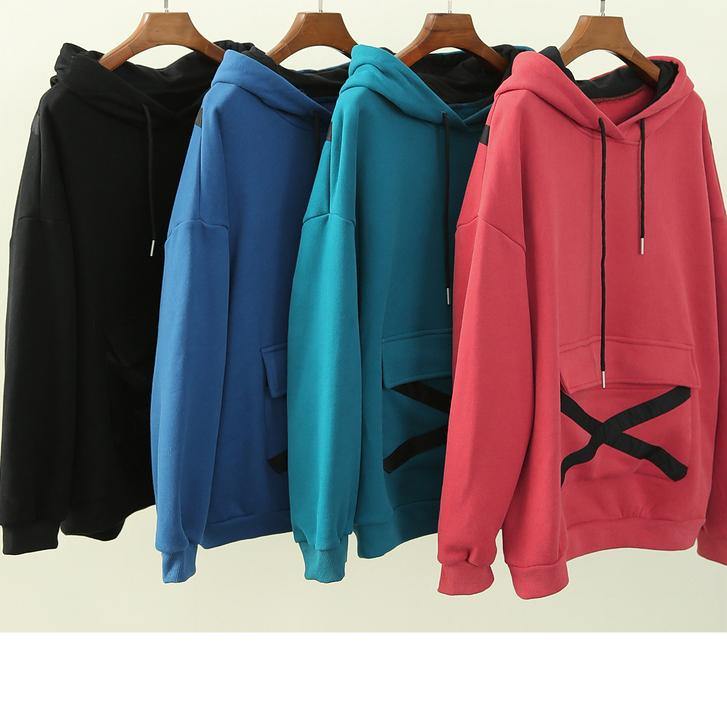 Elegant royal blue tunic pattern Wardrobes hooded drawstring top - SooLinen