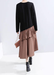 Elegant ruffles cotton patchwork Tunics Shape khaki Maxi Dresses - SooLinen