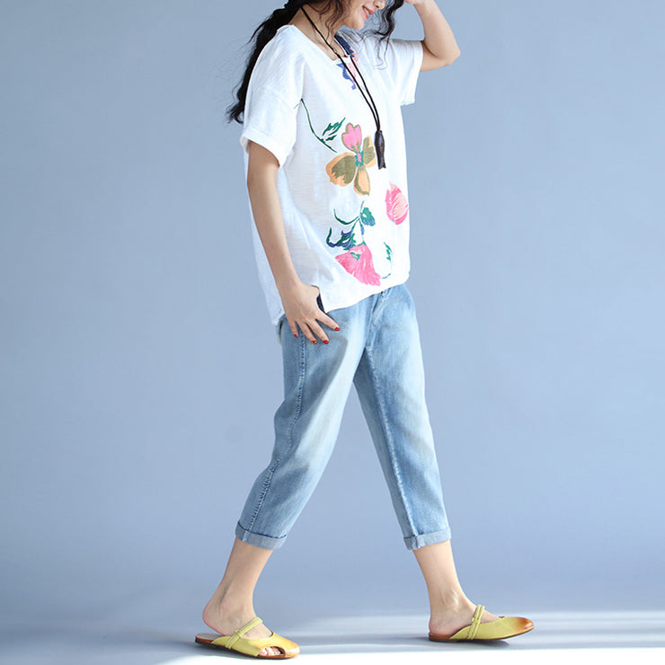 Elegante Kurzarm-Baumwollkleidung für Damen Boho Fabrics weiße Druckkastenblusen
