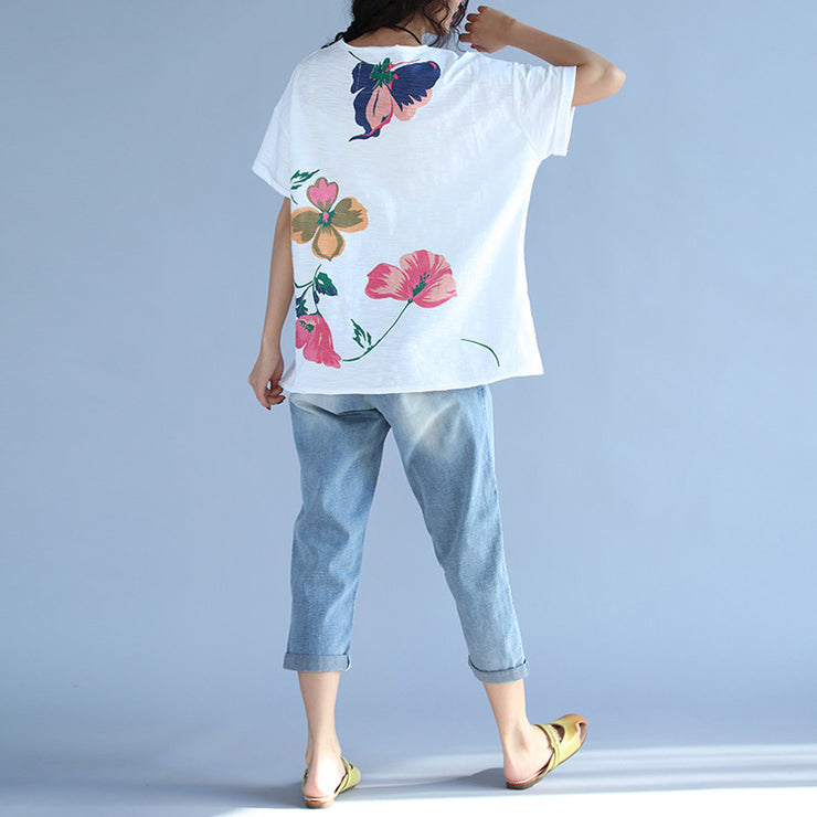Elegante Kurzarm-Baumwollkleidung für Damen Boho Fabrics weiße Druckkastenblusen