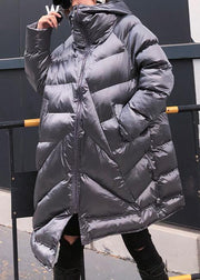Elegant silver gray womens parkas oversized warm winter outwear hooded zippered - SooLinen