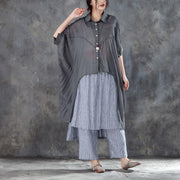 Elegant summer cotton blended t shirt oversize  Single Breasted Short Sleeve Loose Irregular Gray Blouse