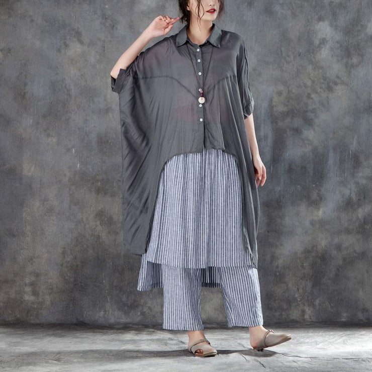 Elegant summer cotton blended t shirt oversize  Single Breasted Short Sleeve Loose Irregular Gray Blouse