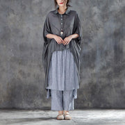 Elegant summer cotton blended t shirt oversize  Single Breasted Short Sleeve Loose Irregular Gray Blouse