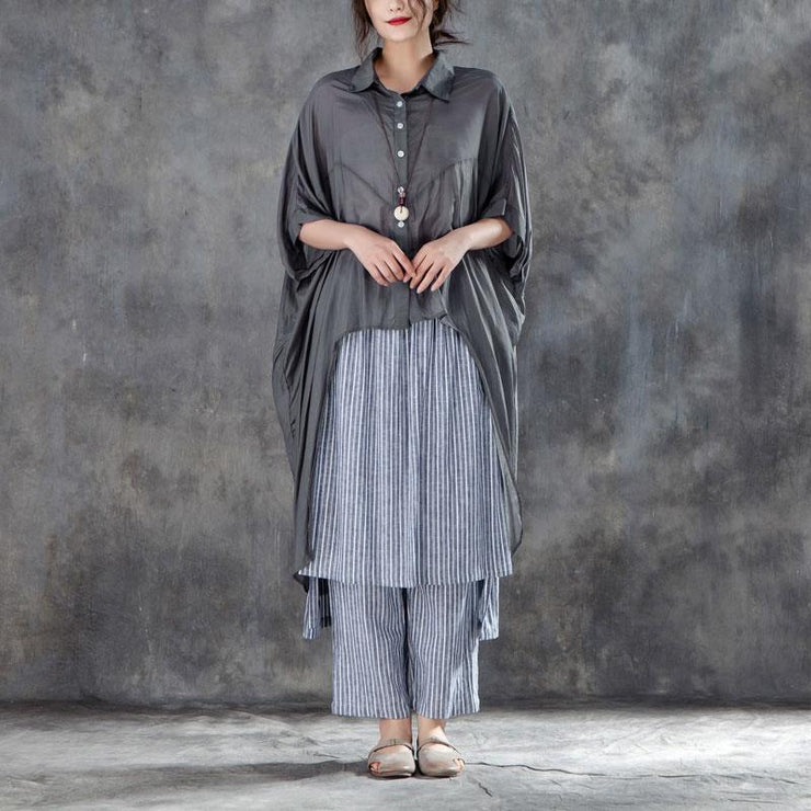 Elegant summer cotton blended t shirt oversize  Single Breasted Short Sleeve Loose Irregular Gray Blouse