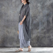 Elegant summer cotton blended t shirt oversize  Single Breasted Short Sleeve Loose Irregular Gray Blouse