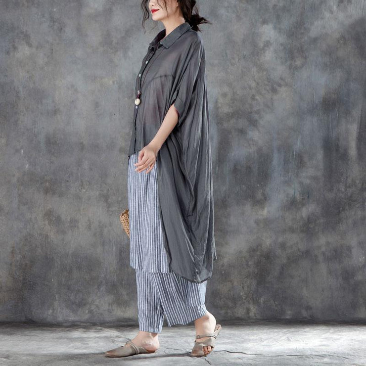 Elegant summer cotton blended t shirt oversize  Single Breasted Short Sleeve Loose Irregular Gray Blouse