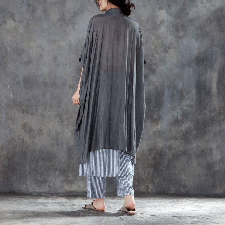 Elegant summer cotton blended t shirt oversize  Single Breasted Short Sleeve Loose Irregular Gray Blouse