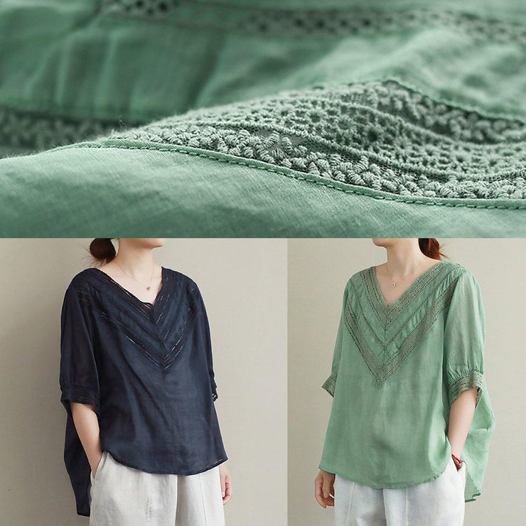 Elegant v neck half sleeve linen tunic top Photography green hollow out tops - SooLinen