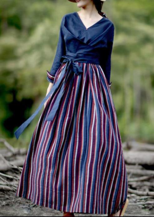 Elegant v neck patchwork striped spring quilting dresses Catwalk navy Dress - SooLinen