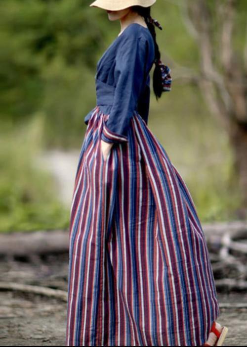 Elegant v neck patchwork striped spring quilting dresses Catwalk navy Dress - SooLinen