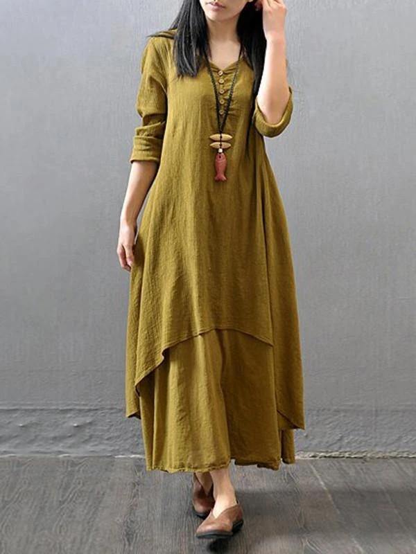 Elegant white cotton outfit v neck patchwork Dresses - SooLinen