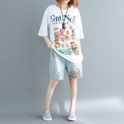 Elegant white print cotton tops women Boho Wardrobes o neck oversized top