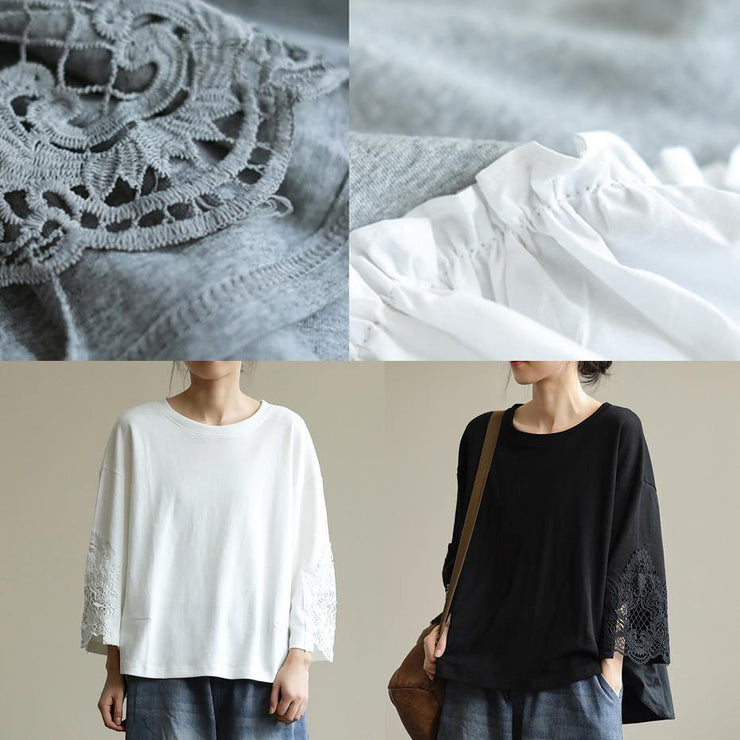 Elegant white tunics for women o neck patchwork tunic shirts - SooLinen