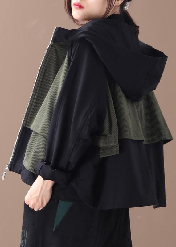 Elegant zippered cotton fall clothes For Women Outfits black patchwork green blouses - SooLinen