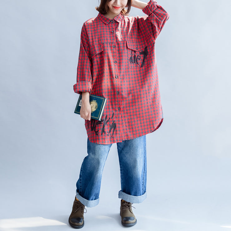 Fall 2025 grid alphabet prints red cotton shirts plus size casual long sleeve tops