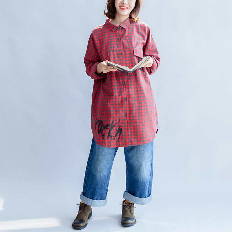 Fall 2025 grid alphabet prints red cotton shirts plus size casual long sleeve tops