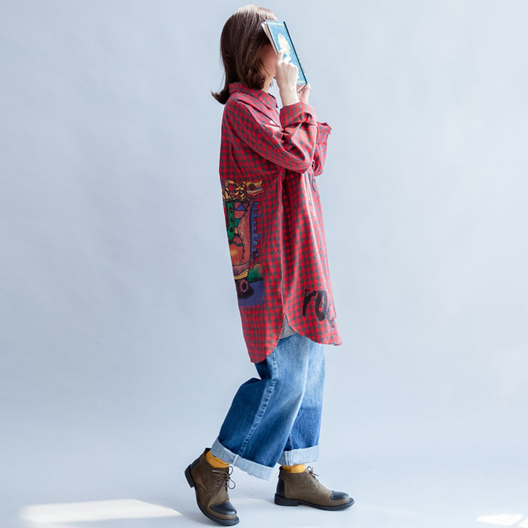 Fall 2025 grid alphabet prints red cotton shirts plus size casual long sleeve tops