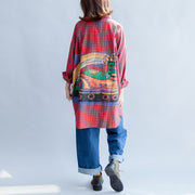 Fall 2025 grid alphabet prints red cotton shirts plus size casual long sleeve tops