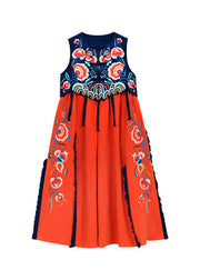 Famous family style Orange Embroideried O-Neck Embroideried Patchwork Long Dress Sleeveless