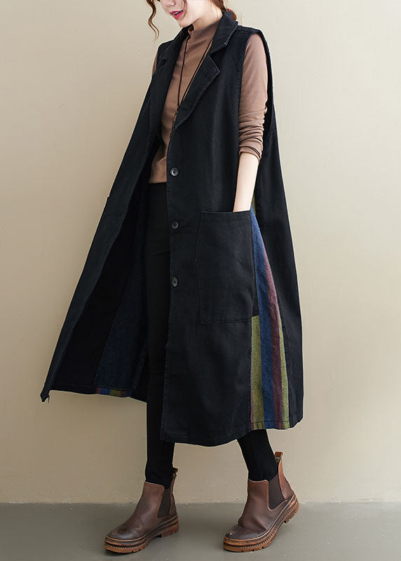 Fashion Black PeterPan Collar Button Pockets Patchwork Fall Sleeveless Waistcoat