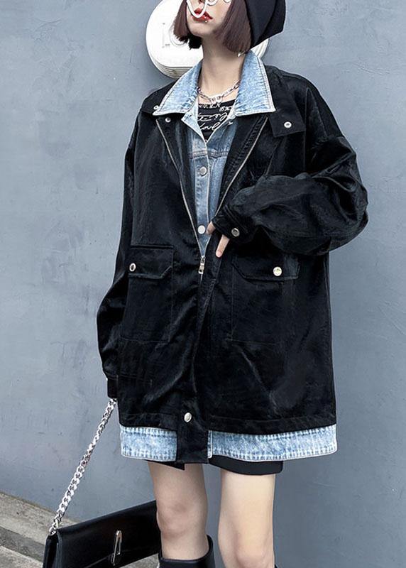 Fashion Black Pockets Patchwork Button Fall Long Sleeve Coat - SooLinen