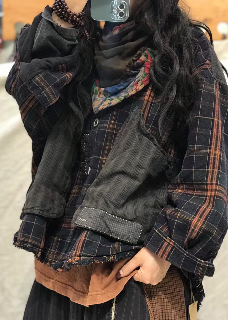 Mode Schwarz Taschen Bubikragen Plaid Patchwork Mäntel Frühling