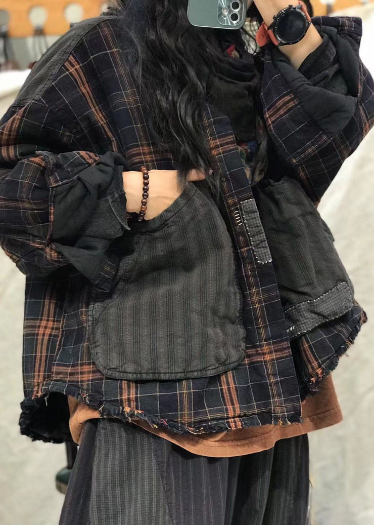 Mode Schwarz Taschen Bubikragen Plaid Patchwork Mäntel Frühling