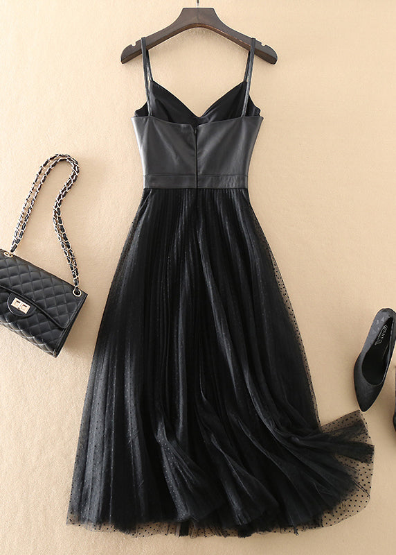 Fashion Black V Neck Sheepskin Patchwork Tulle Dress Sleeveless