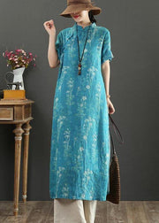 Fashion Blue Print Oriental side open Long Summer Linen Dress - SooLinen