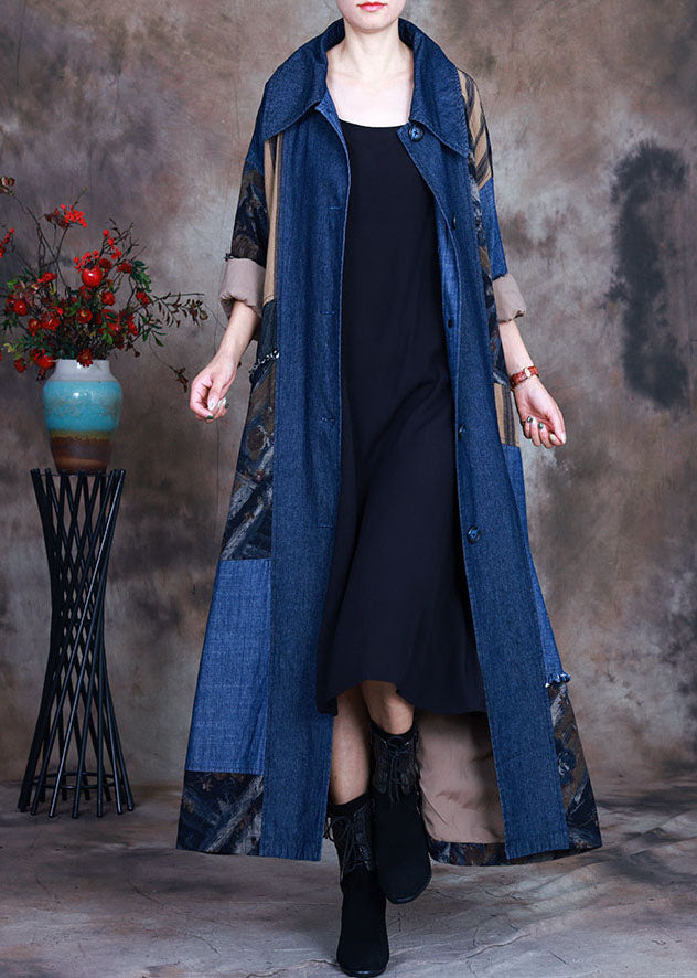 Mode Blaue Krawatte Taille Bubikragen Patchwork Baumwolle Jeans Trench Spring