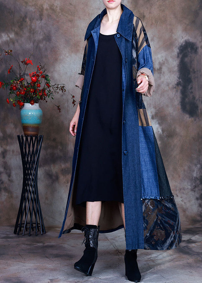 Mode Blaue Krawatte Taille Bubikragen Patchwork Baumwolle Jeans Trench Spring