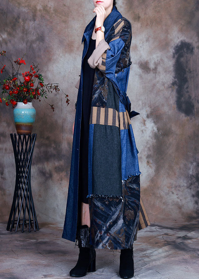 Mode Blaue Krawatte Taille Bubikragen Patchwork Baumwolle Jeans Trench Spring