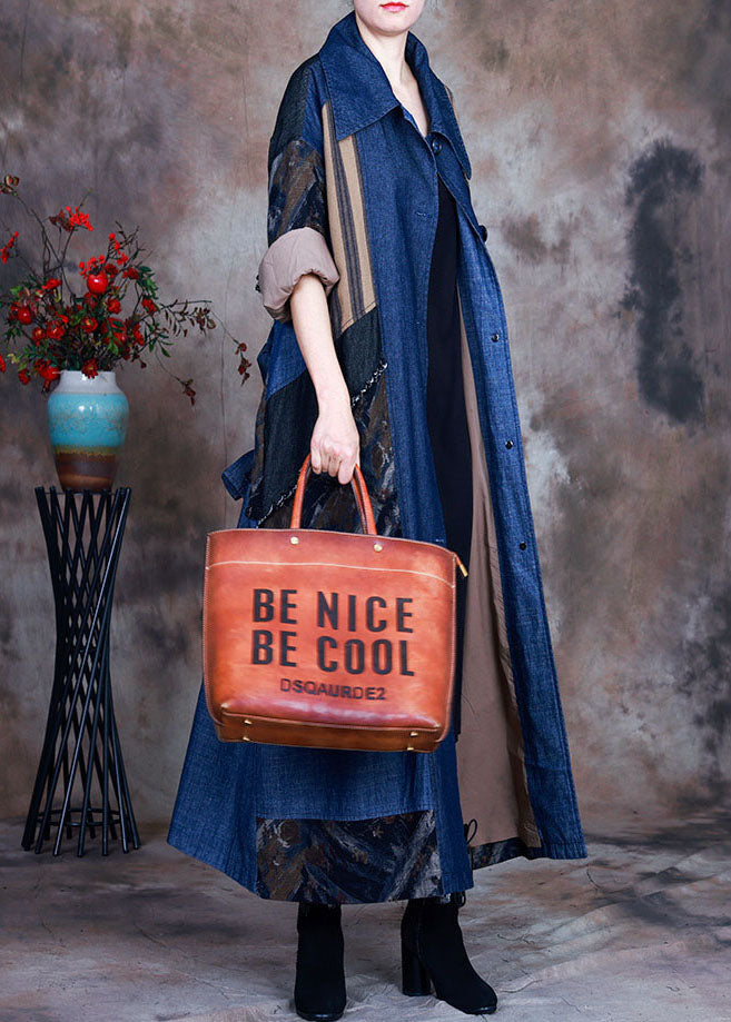 Mode Blaue Krawatte Taille Bubikragen Patchwork Baumwolle Jeans Trench Spring