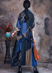 Mode Blaue Krawatte Taille Bubikragen Patchwork Baumwolle Jeans Trench Spring