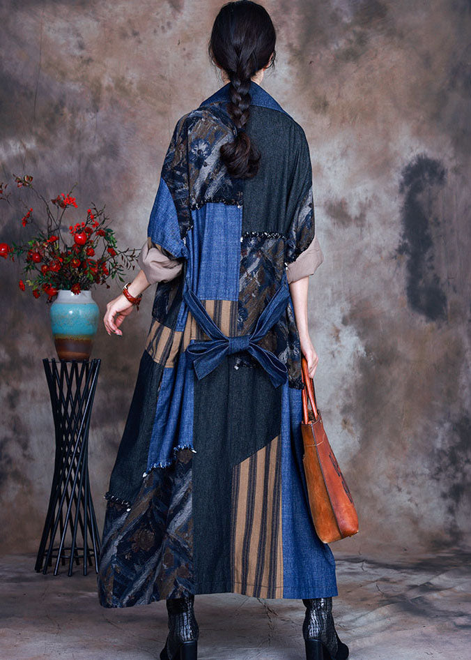 Mode Blaue Krawatte Taille Bubikragen Patchwork Baumwolle Jeans Trench Spring