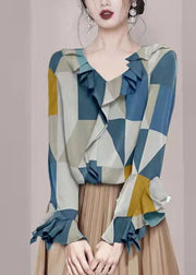 Fashion Colorblock V Neck Ruffled Chiffon Shirt Tops Long Sleeve